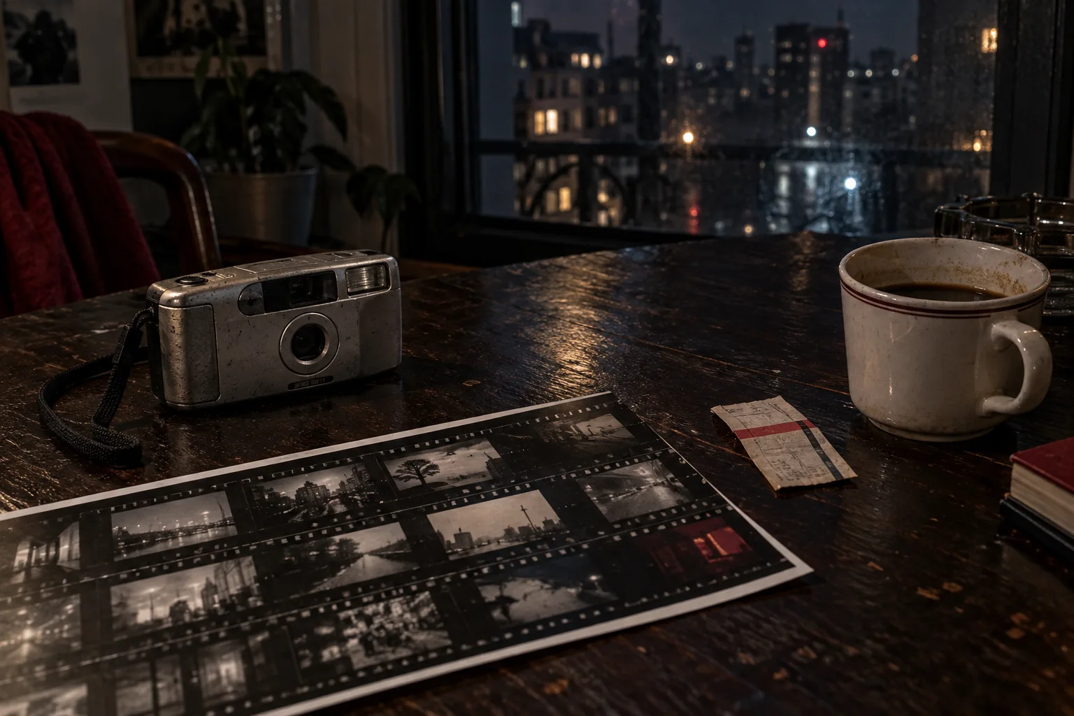 Worn silver film camera, contact sheet and coffee on a table by a rainy window