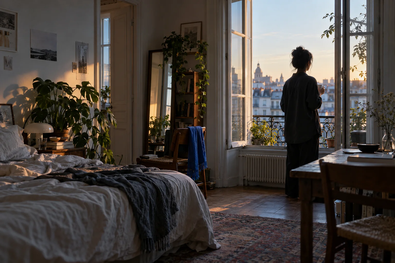 A woman stands at an open apartment window in the soft light of morning
